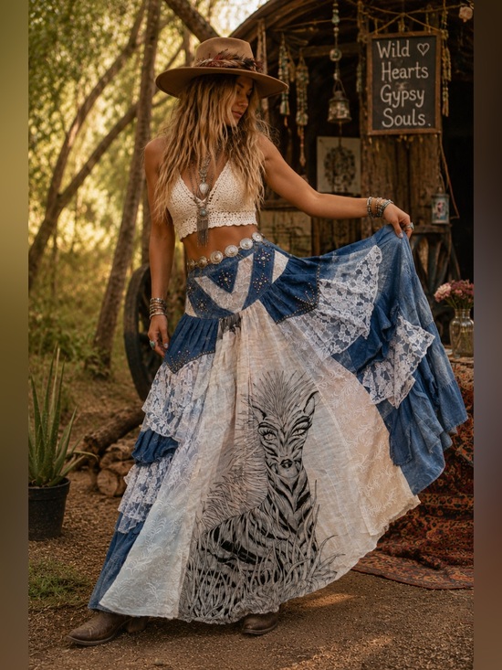 Handmade Dresses & Skirts - Handmade Wearable Art Zebra Woman Denim Lace Patchwork Maxi Skirt Boho M Gypsy